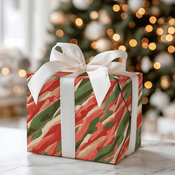 Abstract Modern Christmas Gift Wrap, Red and Green Brushstroke Wrapping Paper, Artistic Holiday Wrapping Paper Roll, Elegant 
