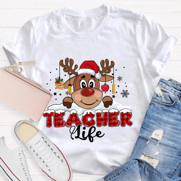 Red Plaid Teacher Shirt, Christmas Teacher Life T-Shirt, Holiday Educator Tee, Festive Plaid Graphic T-Shirt, Teacher Christm