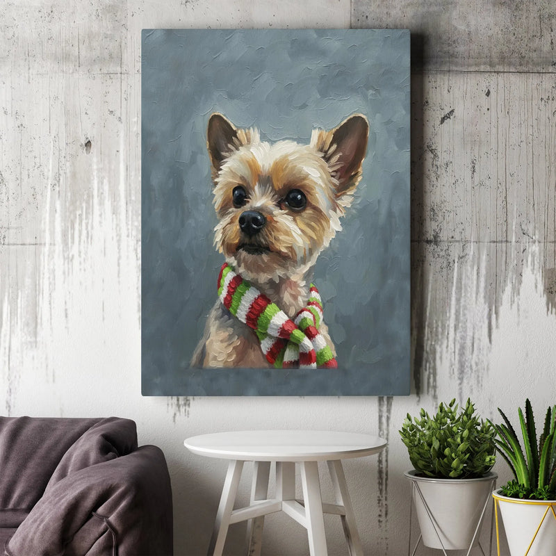 Yorkie in Holiday Scarf Canvas Print, Yorkshire Terrier Christmas Canvas Wall Art, Adorable Dog Canvas Decor, Festive Winter Pet Lover Present