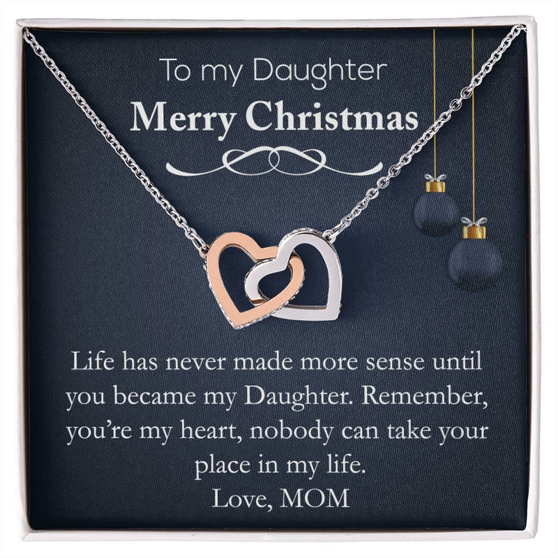 Heart Pendant with Card, Daughter Christmas Interlocking Hearts Necklace, Polished Surgical Steel Jewelry, Holiday Present from Mom to Daughter