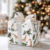 Watercolor Safari Gift Wrap, Christmas Giraffe Wrapping Paper, Holly Berries Wrapping Paper Roll, Holiday Animal Gift Wrap