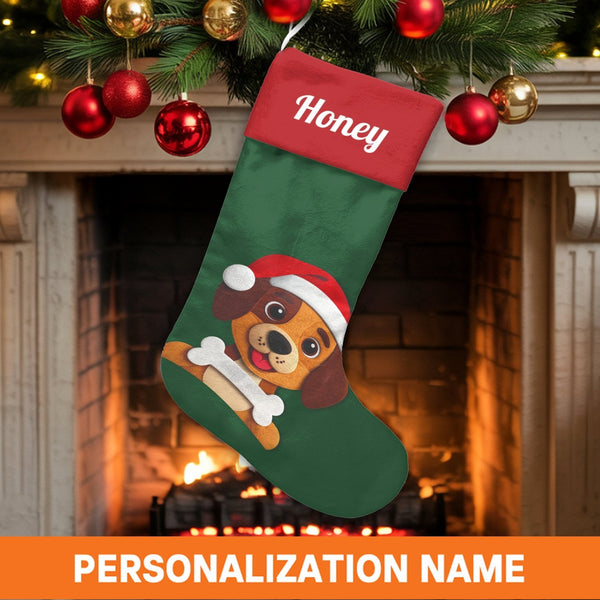 Adorable Puppy with Bone Holiday Stocking, Dog Santa Hat Christmas Stocking, Personalized Pet Xmas Stocking, Custom Dog Name 