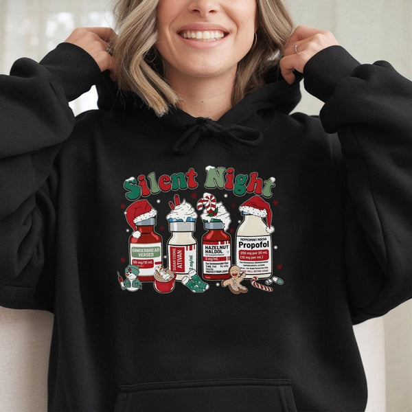 Humorous Nursing Holiday Graphic Hoodie, Silent Night Medical Nurse Hoodie, Christmas Healthcare Hooded Pullover, Nurse Life 