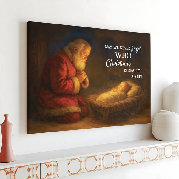 Religious Christmas Wall Art, Santa Kneeling at Manger Canvas, Nativity Scene Canvas Print, Christian Holiday Wall Decor
