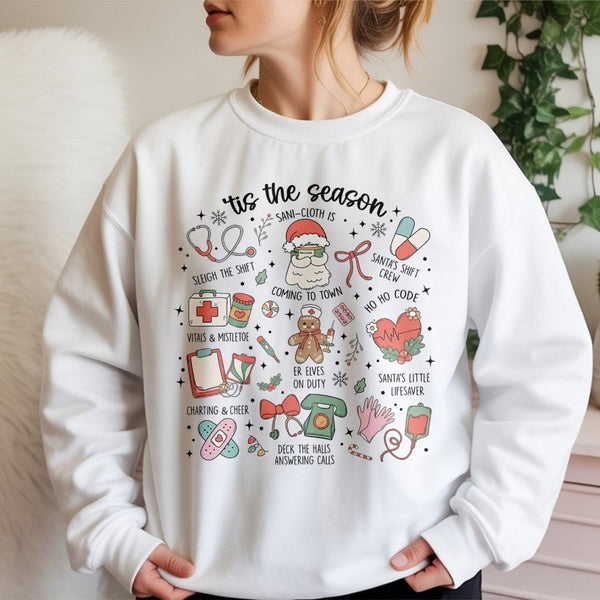 Humorous Medical Holiday Icons Crewneck, Nurse Christmas Sweatshirt, RN Hospital Staff Xmas Sweater, Healthcare Worker Holida