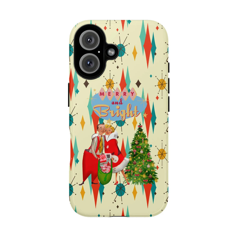 Vintage Holiday iPhone 15 Pro Max Phone Case, Retro Merry and Bright Christmas iPhone 15 Pro Max Case, Dual Layer Xmas Phone Cover