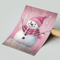 Whimsical Winter Wall Art Print, Pink Snowman Poster, Adorable Holiday Wall Decor, Pastel Christmas Print, Girls Room Seasonal Art Poster