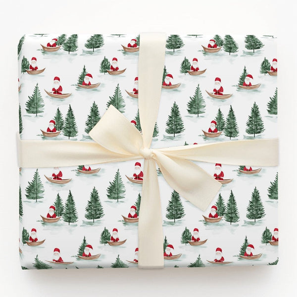 Watercolor Forest Gift Wrap, Santa in Canoe Wrapping Paper, Pine Tree Christmas Wrapping Paper, Outdoor Holiday Gift Wrap
