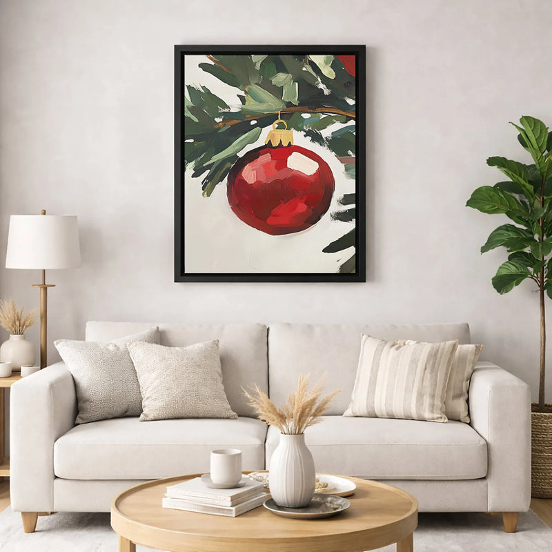 Red Bauble Pine Branch Canvas Print, Christmas Ornament Wall Art Digital Download, Holiday Wall Art Printable, Winter Xmas Home Decor Present