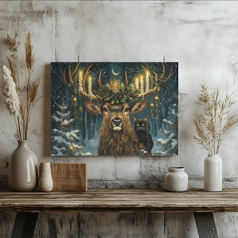 Magical Holly Candle Black Cat Poster, Winter Forest Deer Wall Art, Whimsical Holiday Landscape Print, Christmas Decor, Digital Download