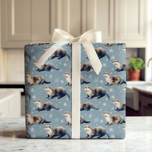 Winter Snowflake Wrapping Paper, Otter Gift Wrapping Paper, Adorable Animal Holiday Wrapping Paper, Christmas Gift Wrap for O