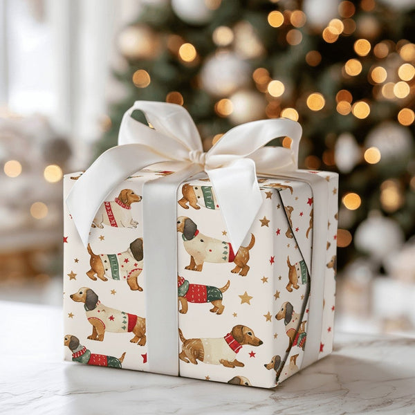 Sausage Dog Sweater Gift Wrap, Dachshund Christmas Wrapping Paper, Holiday Weiner Dog Gift Wrap, Adorable Pet Lover Paper