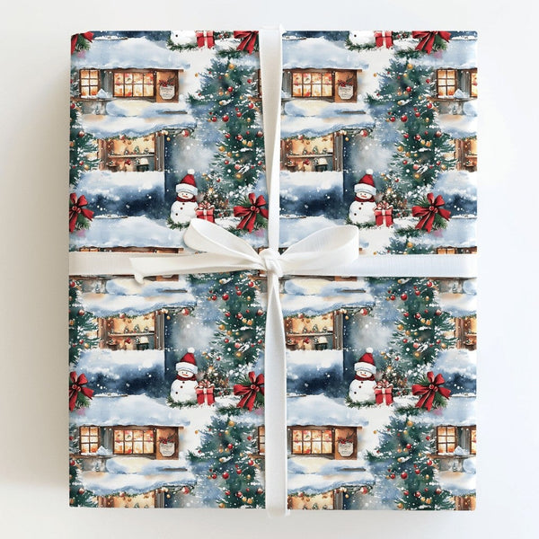 Watercolor Snowman Gift Wrap, Snowy Winter Cottage Wrapping Paper, Comfy Christmas Wrapping Paper, Scenic Holiday Gift Wrap P