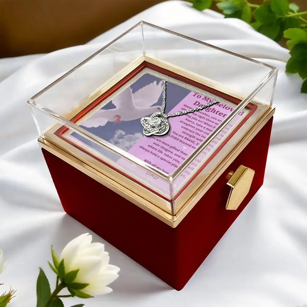 Rotating Rose Box Pendant Necklace, Daughter Love Knot Necklace, Sparkling CZ Knot Necklace, Birthday Present from Dad, Chris