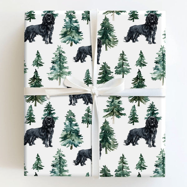 Watercolor Pine Forest Gift Wrap, Black Dog Christmas Wrapping Paper, Holiday Dog Lover Wrapping Paper Roll, Festive Winter P