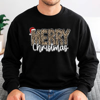 Leopard Print Santa Hat Holiday Crewneck, Merry Christmas Sweatshirt, Adorable Christmas Graphic Pullover, Comfy Winter Holiday Xmas Sweater