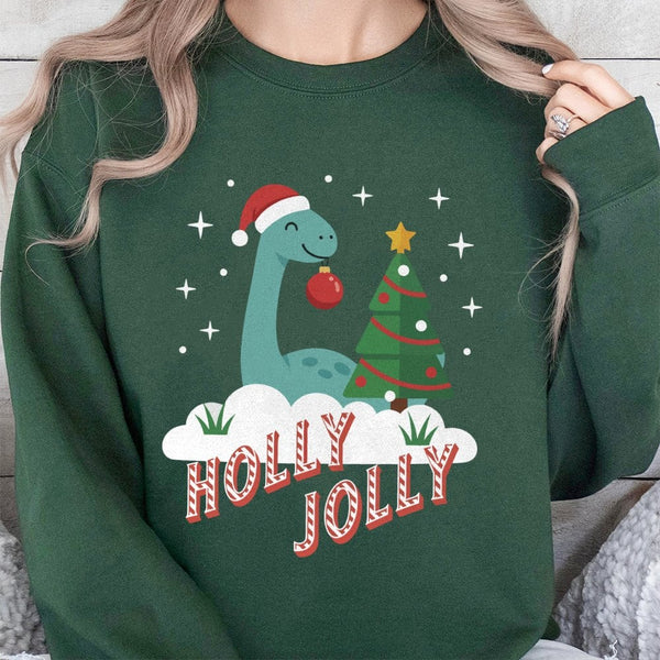 Adorable Festive Dino Holiday Crewneck, Holly Jolly Dinosaur Christmas Sweatshirt, Retro Xmas Dinosaur Pullover, Winter Sweat