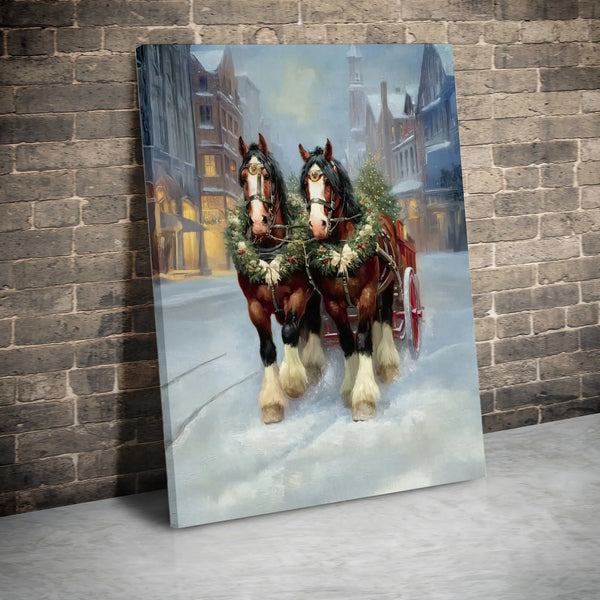 Snowy Town Winter Scene Canvas, Christmas Horse Carriage Canvas Wall Art, Holiday Farmhouse Canvas Print, Rustic Winter Wall 