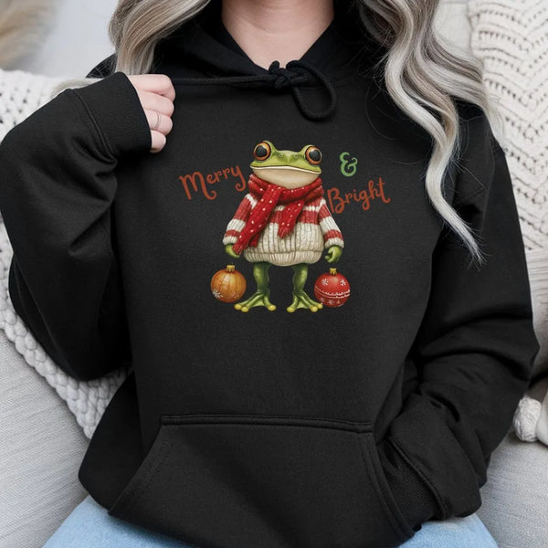 Merry and Bright Frog Sweatshirt, Christmas Frog Hoodie, Adorable Animal Holiday Hoodie, Festive Xmas Frog Hooded Pullover, W