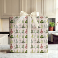 Pink Holiday Gift Wrap, Watercolor Christmas Tree Wrapping Paper, Festive Pine Tree Present Paper, Adorable Winter Holiday Wrapping Paper Roll