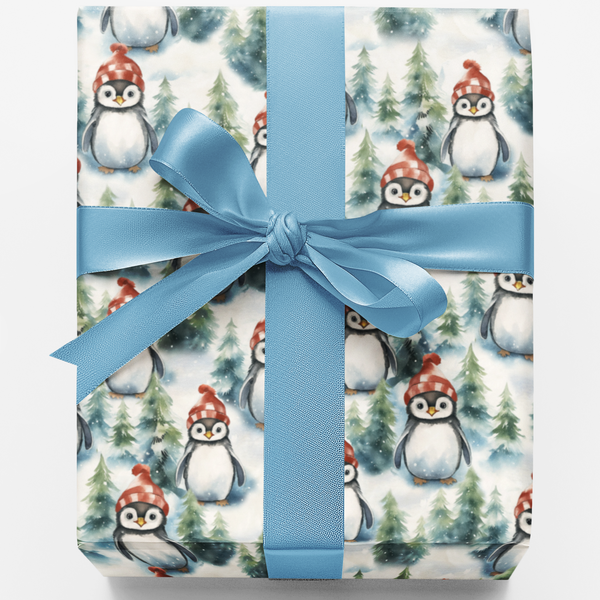 Festive Christmas Bird Gift Wrap, Winter Waddle Penguin Wrapping Paper, Adorable Winter Animal Wrapping Paper, Pine Tree Holi