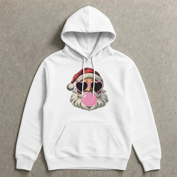 Cool Santa Hoodie, Bubble Gum Santa Hoodie, Heart Sunglasses Santa Pullover, Retro Christmas Hoodie, Humorous Holiday Hooded 