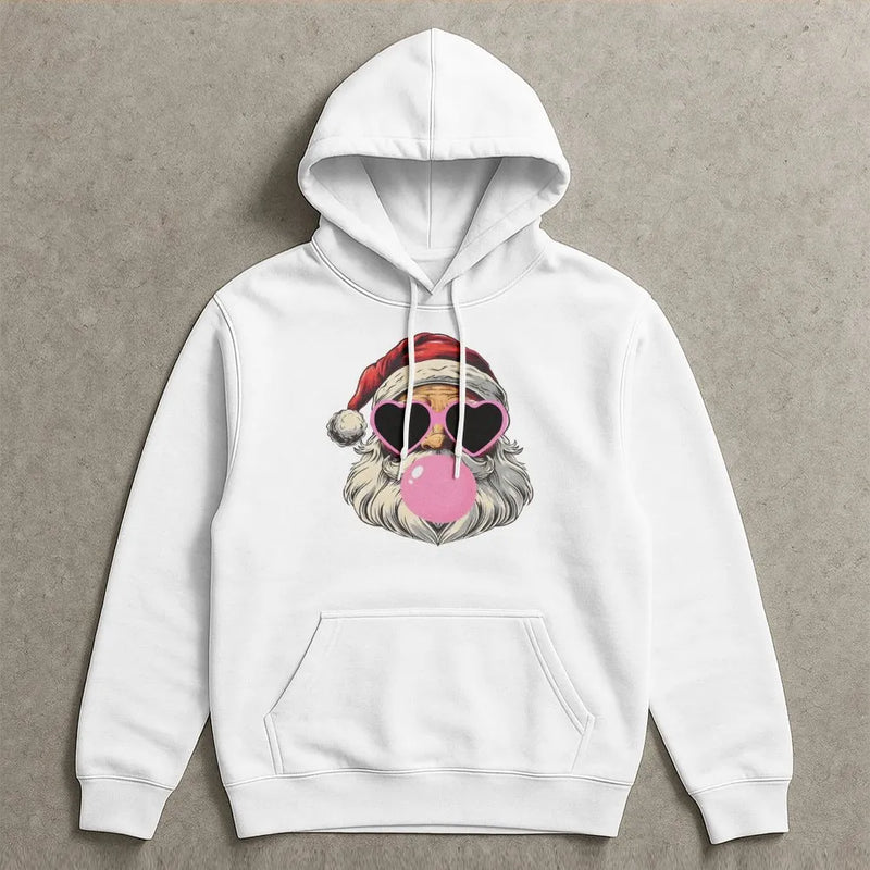Cool Santa Hoodie, Bubble Gum Santa Hoodie, Heart Sunglasses Santa Pullover, Retro Christmas Hoodie, Humorous Holiday Hooded Sweatshirt