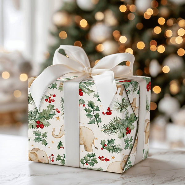 Watercolor Holly Elephant Gift Wrap, Baby Elephant Wrapping Paper, Adorable Christmas Elephant Wrapping Paper, Holiday Baby S