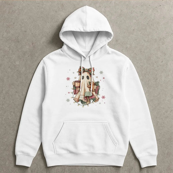 Comfy Watercolor Ghost with Gingerbread Hooded Sweatshirt, Christmas Ghost Hoodie, Vintage Holiday Ghost Pullover, Adorable X