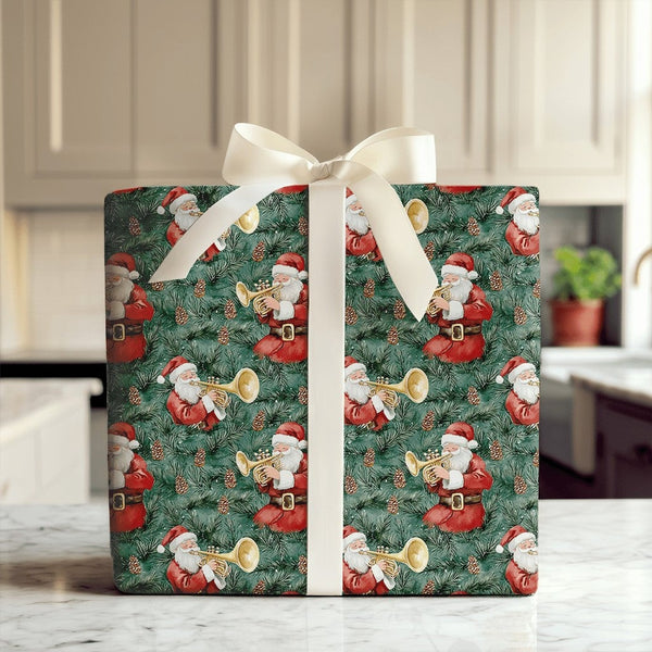 Musical Pine Christmas Gift Wrap, Santa Playing Trumpet Wrapping Paper, Dark Green Santa Wrapping Paper, Festive Holiday Gift