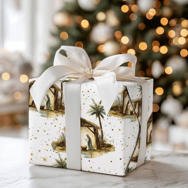 Holy Family Christmas Gift Wrap, Nativity Scene Wrapping Paper, Watercolor Religious Holiday Wrapping Paper, Golden Stars Pre