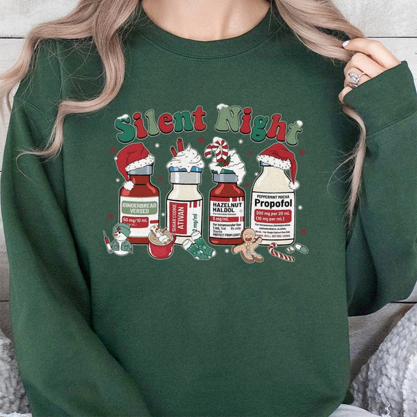 Medical Vials Tree Sweatshirt, Silent Night Nurse Christmas Sweatshirt, Humorous ICU Healthcare Holiday Sweater, RN Appreciat