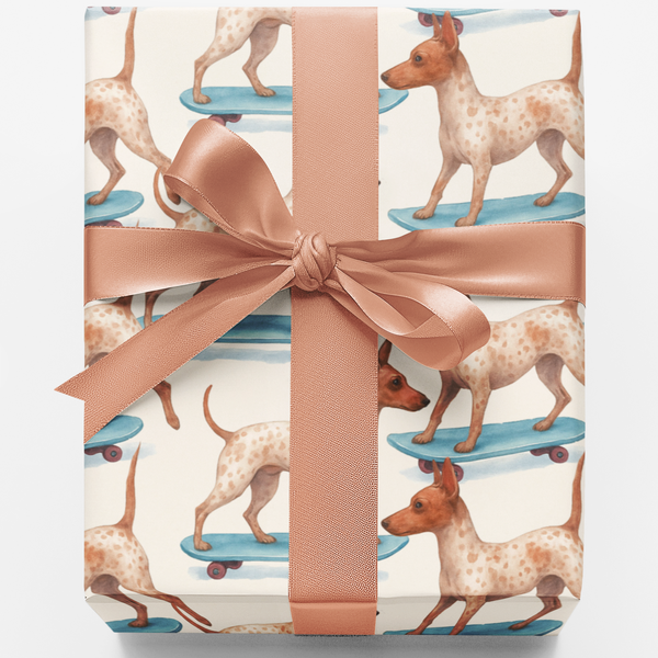 Skater Dog Christmas Gift Wrap, American Hairless Terrier Wrapping Paper, Canine Breed Present Paper, Dog Lover Holiday Wrapp