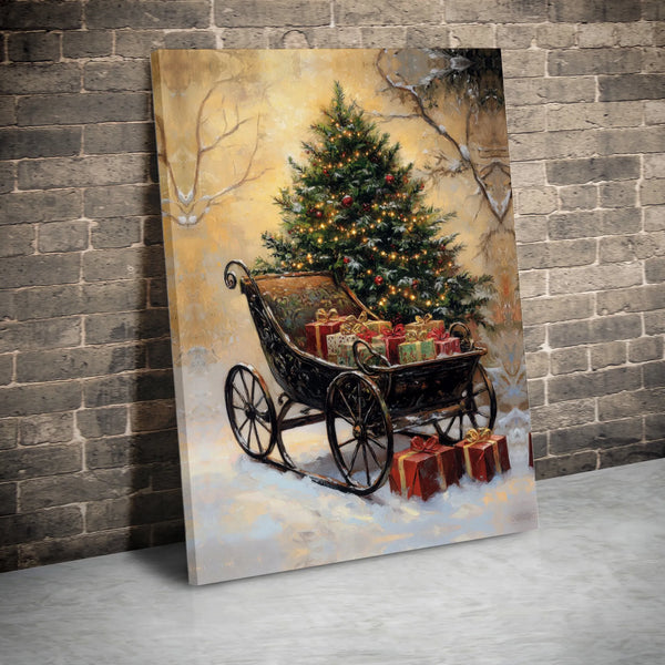 Snowy Tree and Presents Painting, Vintage Christmas Sleigh Canvas Print, Holiday Season Wall Art Poster, Winter Decor, Digita