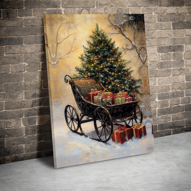 Snowy Tree and Presents Painting, Vintage Christmas Sleigh Canvas Print, Holiday Season Wall Art Poster, Winter Decor, Digital Download