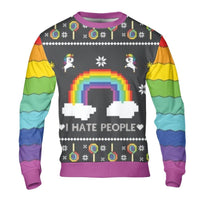 Humorous 8-Bit Rainbow Unicorn Sweater, I Hate People Ugly Christmas Sweatshirt, Introvert Holiday Crewneck, Sarcastic Xmas Graphic Pullover