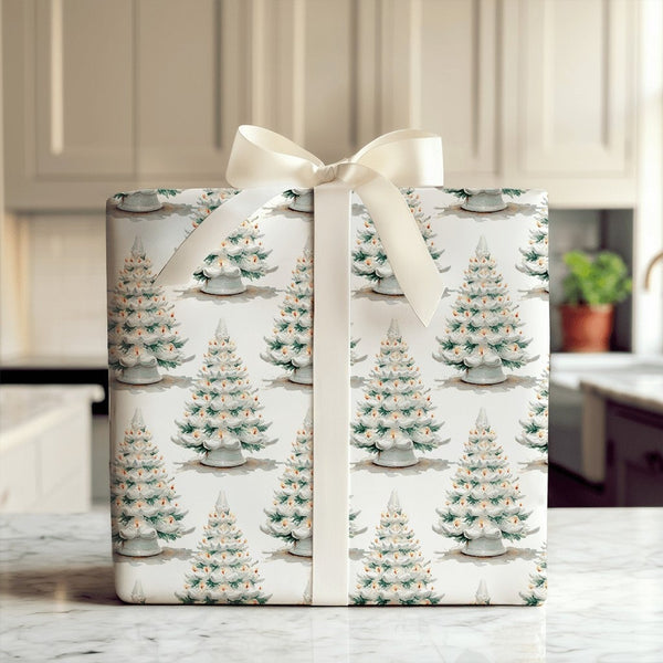Nostalgic Holiday Gift Wrap, Vintage Ceramic Christmas Tree Wrapping Paper, Retro Xmas Tree Wrapping Paper, Winter Holiday Pr