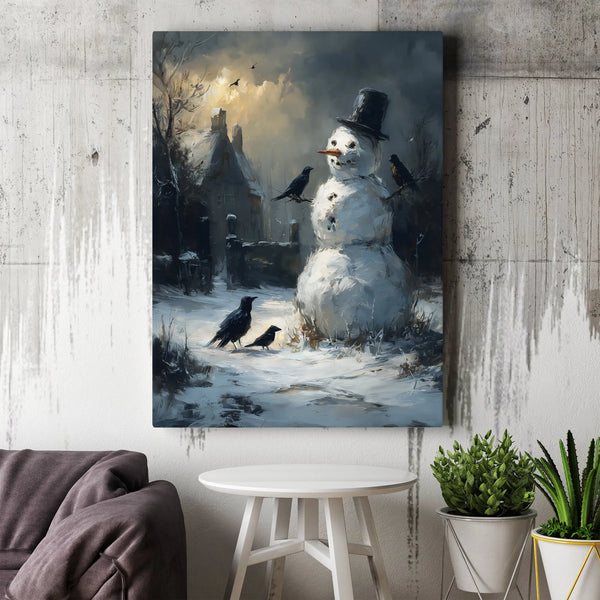 Moody Cottage and Crows Wall Art, Dark Winter Snowman Canvas Print, Gothic Christmas Canvas, Winter Landscape Decor, Holiday 