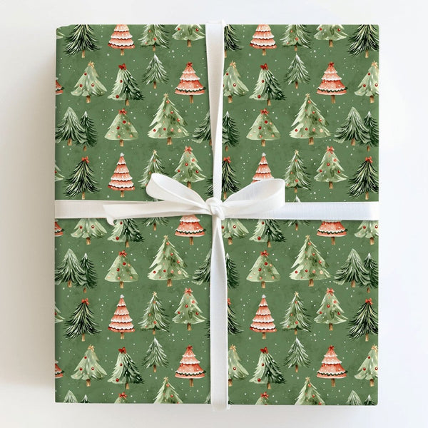 Sage Green Christmas Tree Wrapping Paper, Watercolor Pine Tree Wrapping Paper, Rustic Winter Gift Wrap, Holiday Present Wrapp