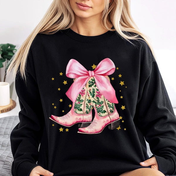 Pink Cowgirl Christmas Sweatshirt, Western Christmas Boots Sweatshirt, Holiday Bow Sweatshirt, Country Western Crewneck, Pres