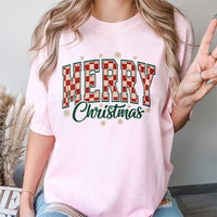 Retro Checkered Varsity Font Graphic Tee, Merry Christmas T-Shirt, Holiday Season Party Shirt, Festive Xmas Vibes Graphic Top
