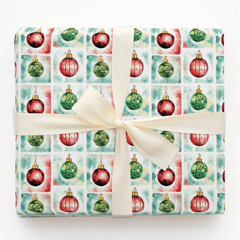 Watercolor Holiday Grid Gift Wrap, Christmas Ornament Stamp Wrapping Paper, Festive Red Green Ornament Wrapping Paper, Xmas Gift Wrap Roll