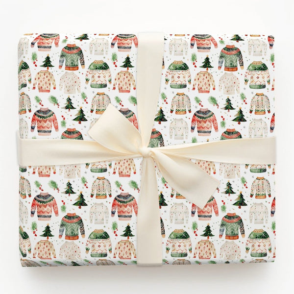 Festive Holiday Gift Wrap, Ugly Christmas Sweater Wrapping Paper, Watercolor Xmas Tree Wrapping Paper, Adorable Holiday Prese