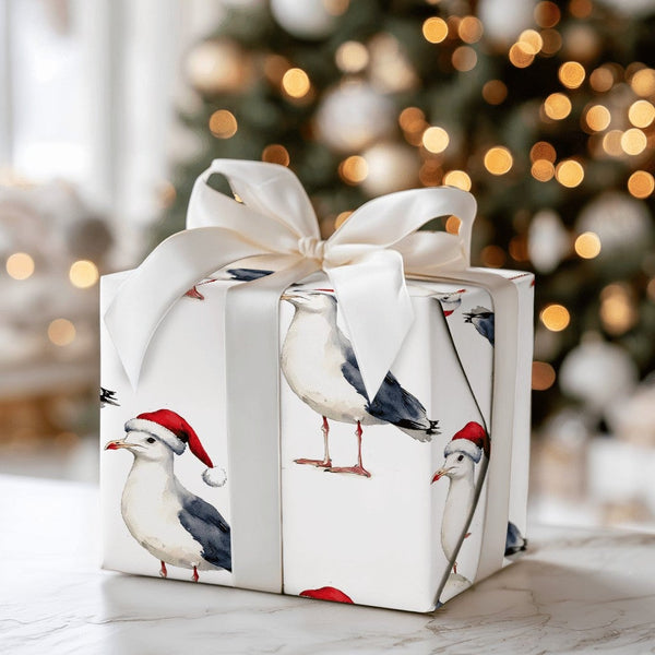 Coastal Christmas Gift Wrap, Santa Hat Seagull Wrapping Paper, Watercolor Beach Bird Present Paper, Nautical Holiday Gift Wra