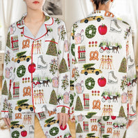 NYC Holiday Satin Pajamas, New York City Christmas Pajama Set, City Travel Sleepwear, Button Up Loungewear Set, Festive Present for Women