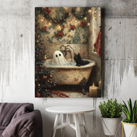 Holiday Bathtub Scene Poster, Ghost and Black Cat Christmas Canvas Wall Art, Spooky Festive Cat Decor, Digital Download