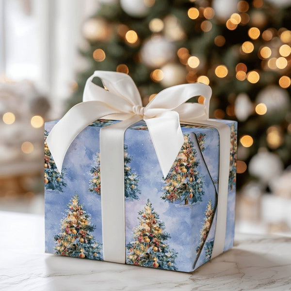 Blue Snowy Holiday Wrapping Paper, Watercolor Christmas Tree Wrapping Paper, Artistic Christmas Wrapping Paper, Seasonal Gift