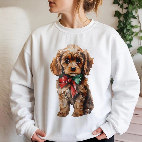 Adorable Holiday Bow Puppy Crewneck, Cavapoo Christmas Sweatshirt, Dog Lover Xmas Sweater, Comfy Winter Pet Lover Apparel Pre