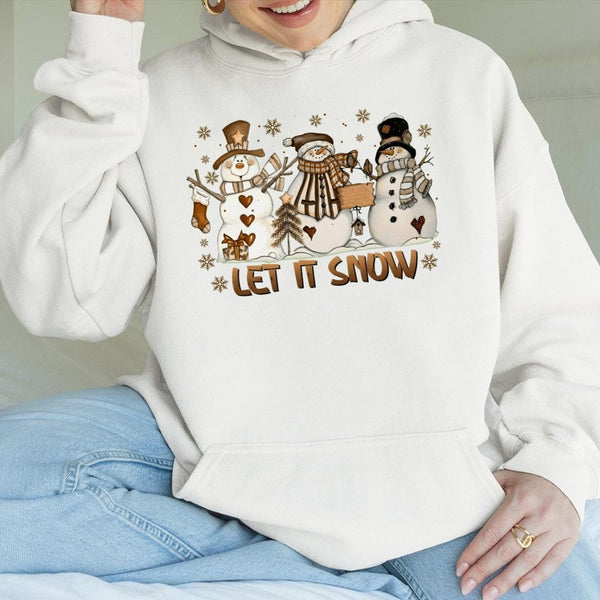 Adorable Snowman Trio Christmas Hooded Sweatshirt, Let It Snow Hoodie, Winter Holiday Hoodie, Comfy Snowmen Xmas Sweater, Hol