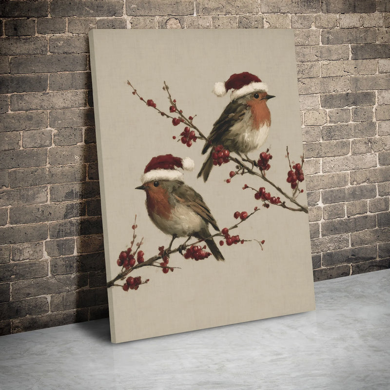 Festive Bird in Santa Hat Print, Christmas Robin Canvas Wall Art, Winter Holiday Canvas Decor, Christmas Wall Art, Seasonal Home Decor